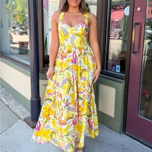 Timing Yellow Floral Bustier Maxi Dress with Tie Straps